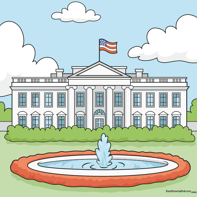 The finished, colored White House drawing with blue sky and green landscaping.