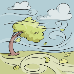 Colorful illustration of a tree blowing in the wind with swirling motion lines