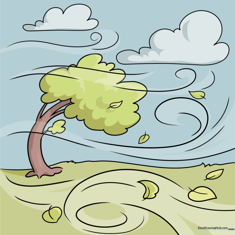 Colorful illustration of a tree blowing in the wind with swirling motion lines