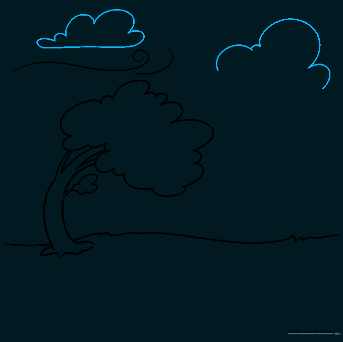 Two fluffy clouds drawn in the sky above the tree