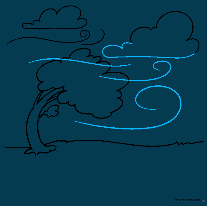 Drawing with additional wind lines overlapping the tree and clouds