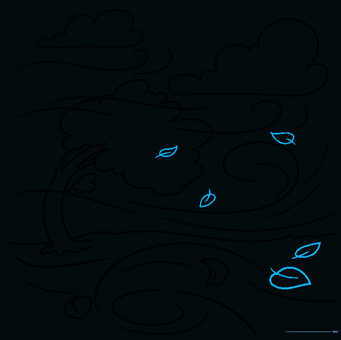Completed line art of a windy day with a tree, clouds, and blowing leaves