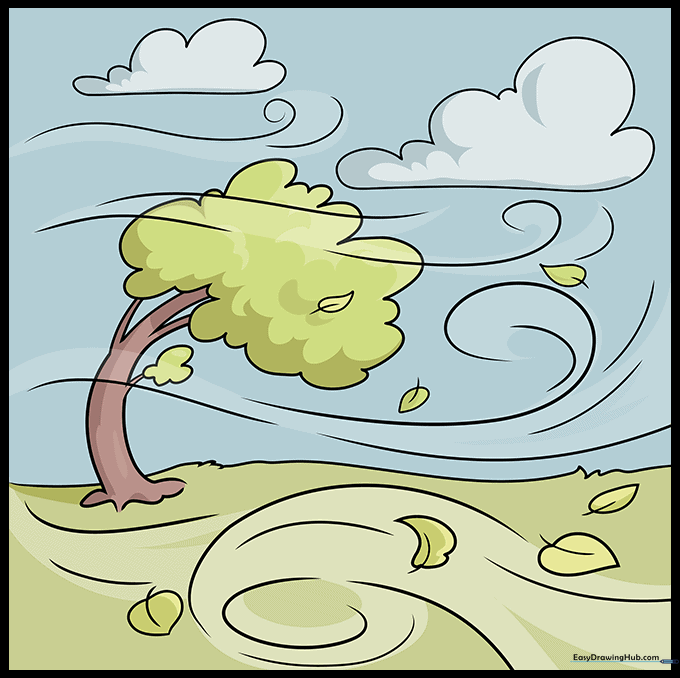 Fully colored drawing of a windy day scene