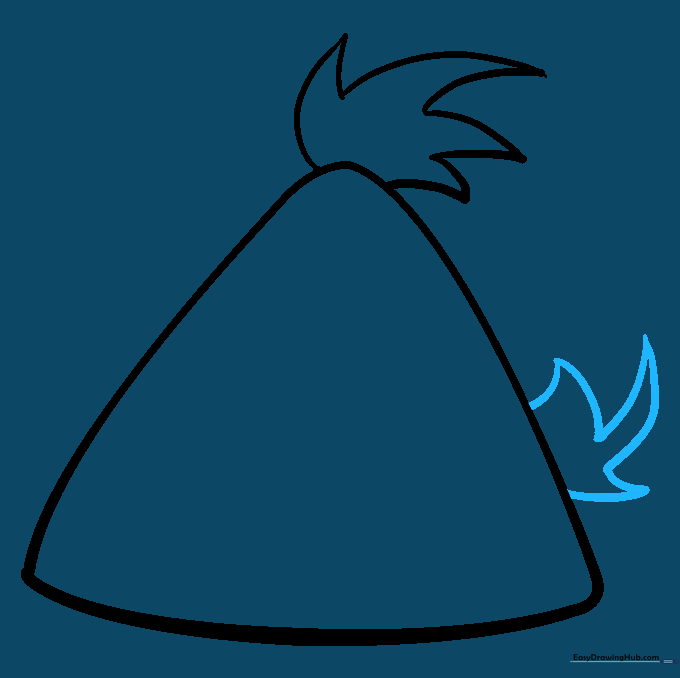 Drawing the tail feathers on the side of the body using sharp, angular lines.