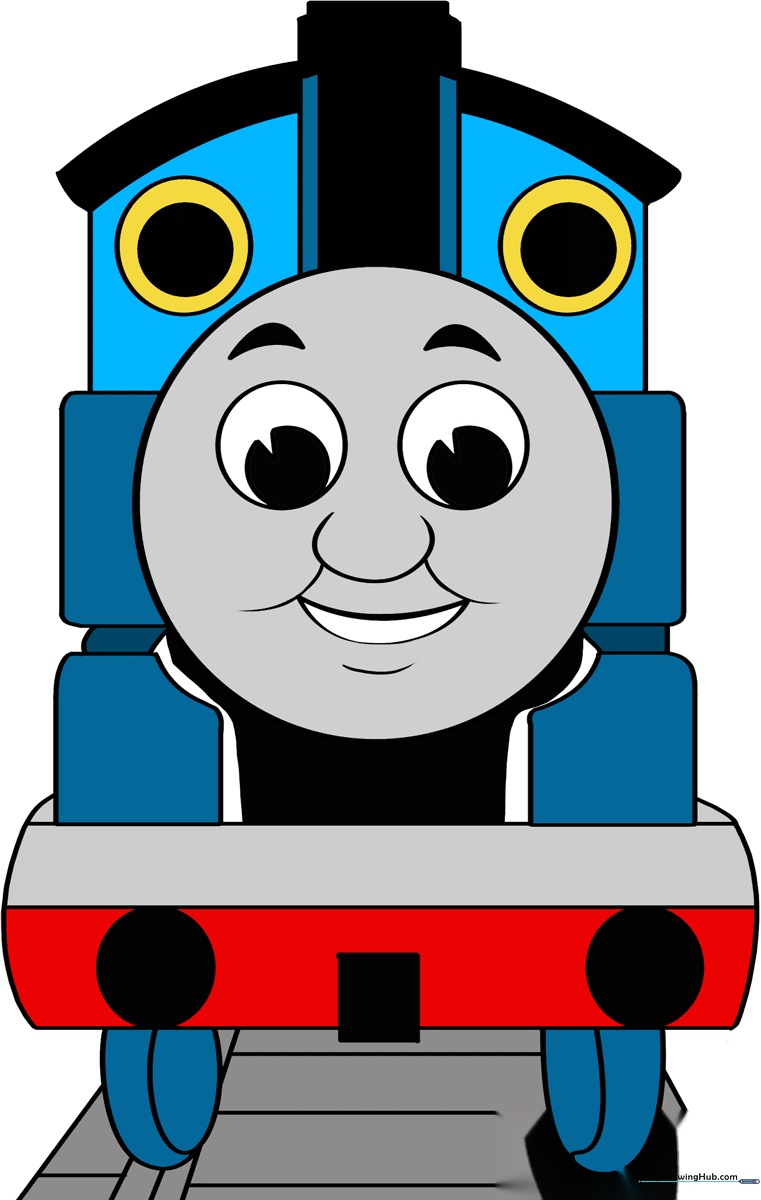 A vibrant, completed drawing of Thomas the Train, showcasing the final result of the tutorial.