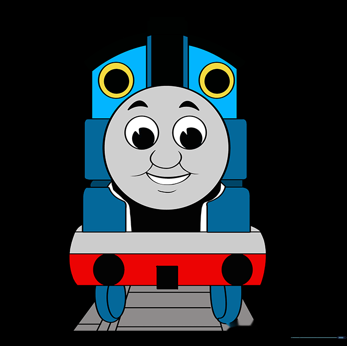 The finished Thomas the Train drawing fully colored in blue and grey.