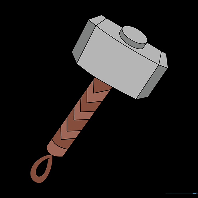 The finished, colored drawing of Thor's hammer with metallic and leather textures.