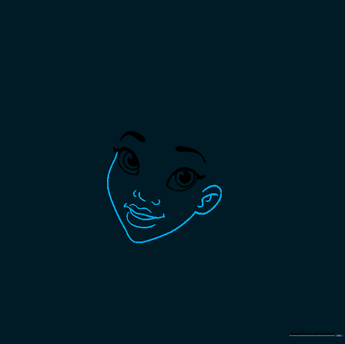 Pencil outline of Tiana's face shape, including nose, mouth, and ear placement.