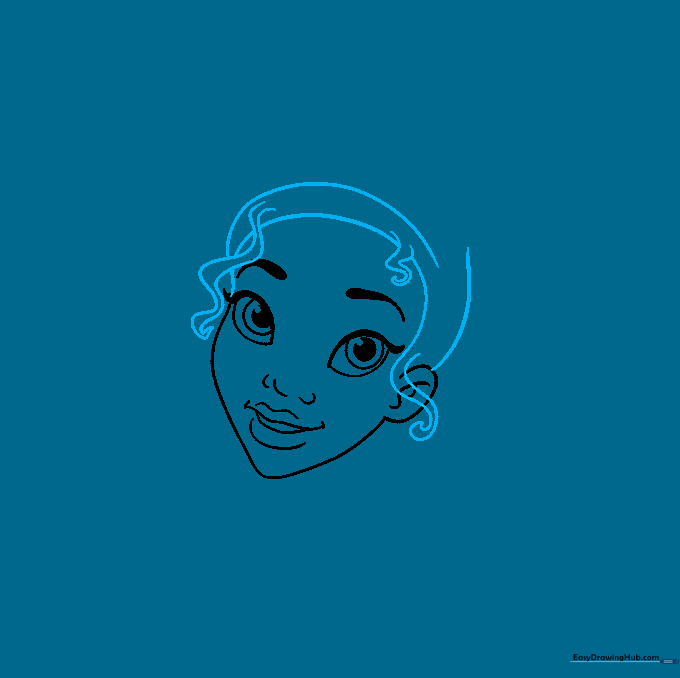 Pencil sketch showing Tiana's curly hair framing her face.
