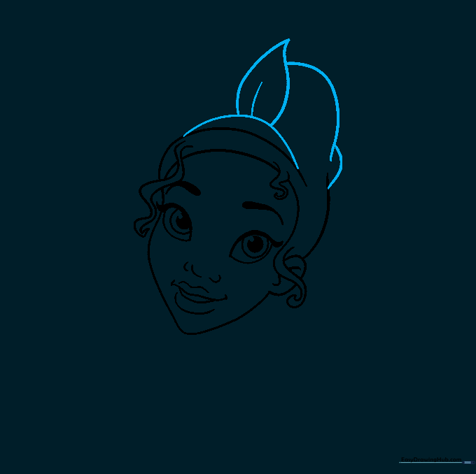 Pencil sketch of Tiana's hair with the first leaf of her crown added.