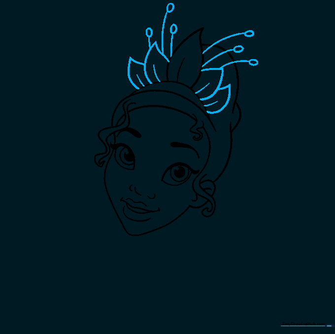 Detailed pencil sketch of Tiana's completed leaf crown.
