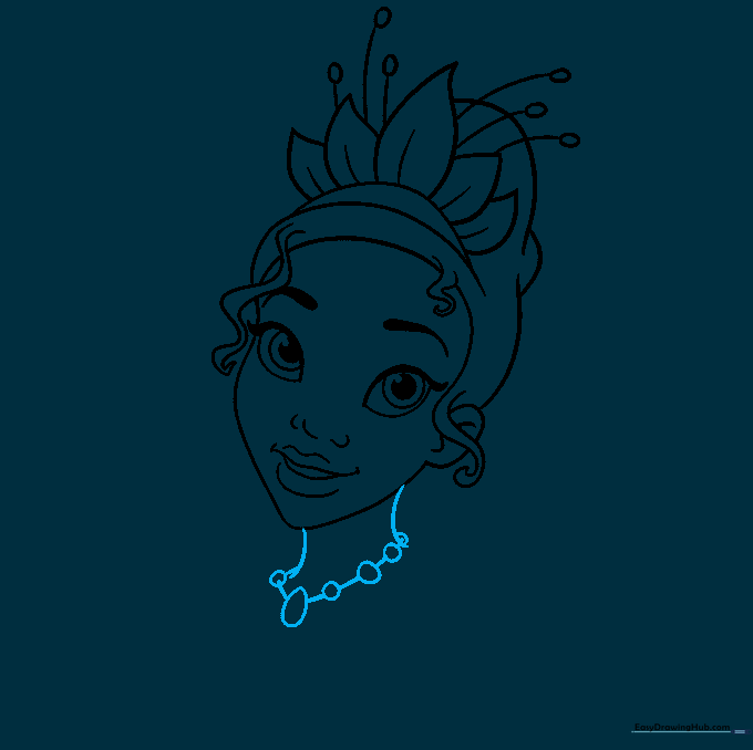 Pencil sketch showing Tiana's neck and beaded necklace detail.