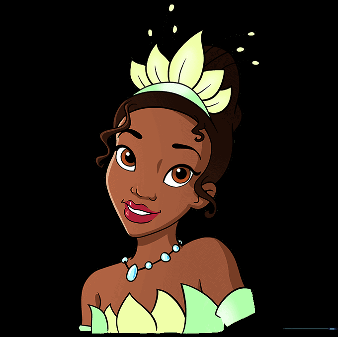 Finished, colored drawing of Princess Tiana in her green dress.
