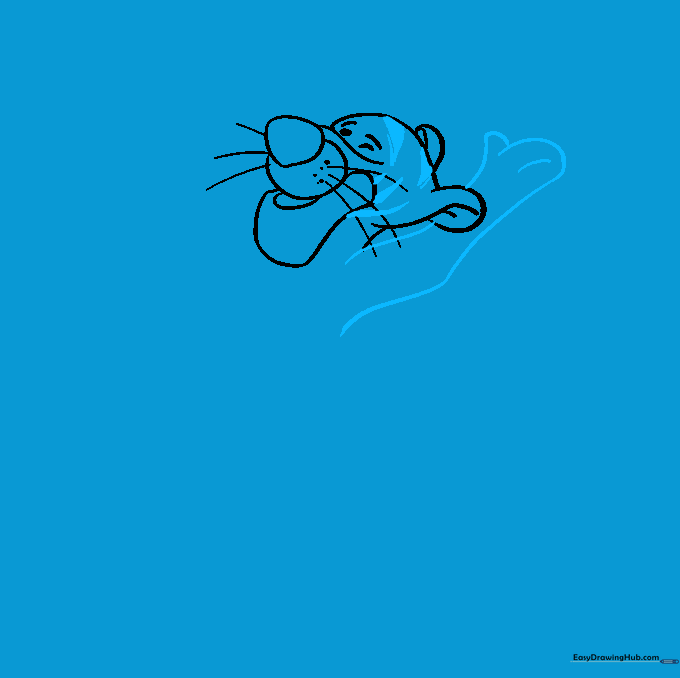Tigger sketch showing the addition of forehead stripes and one extended arm.