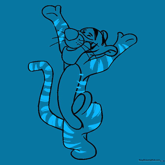 Completed line art showing all stripes added to Tigger's body.