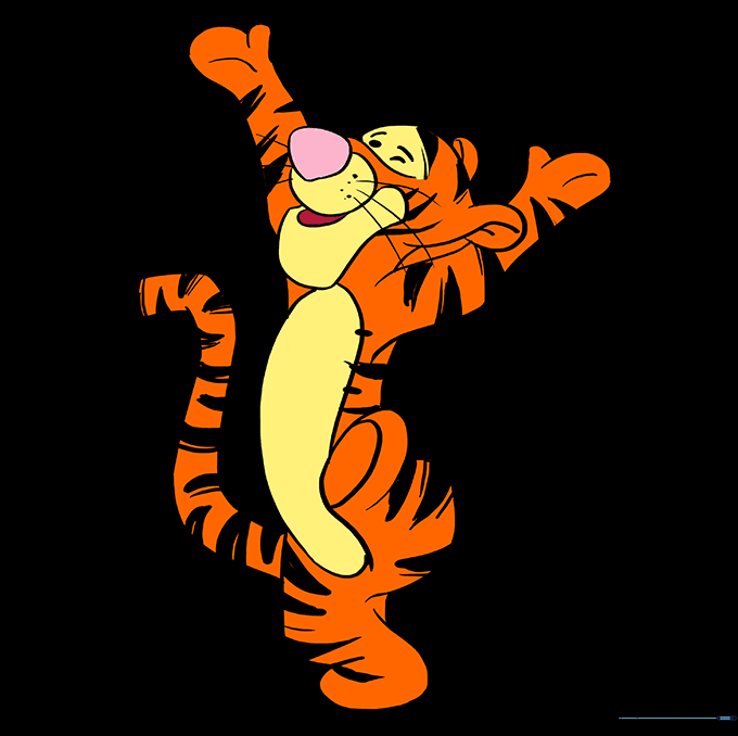 Fully colored drawing of Tigger with orange fur and white belly markings.