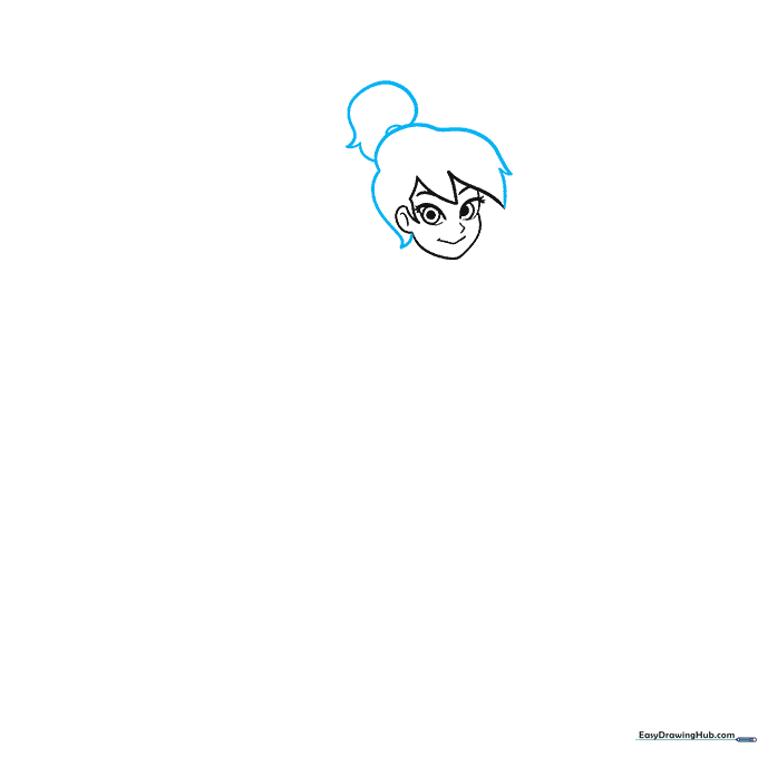 Pencil sketch showing Tinkerbell's signature high bun hairstyle with loose strands.