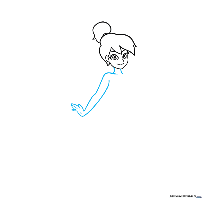 Drawing the neck and arm structure of Tinkerbell using simple geometric guidelines.