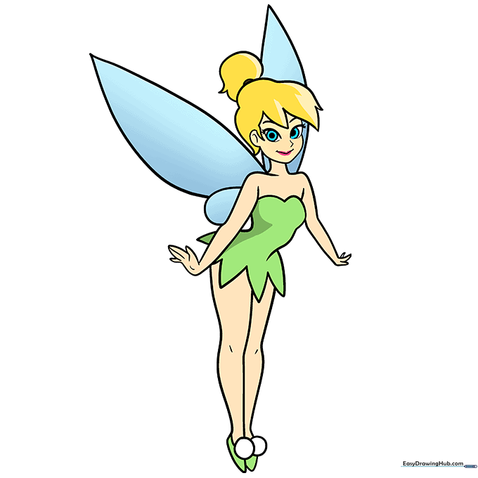 Finished, colored illustration of Tinkerbell with blonde hair and a green dress.