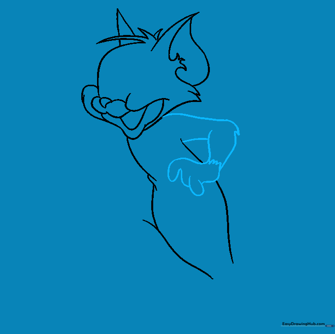 Step-by-step drawing of Tom's arm and hand with fingers.