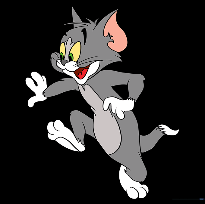 Fully colored drawing of Tom Cat with grey and white fur.