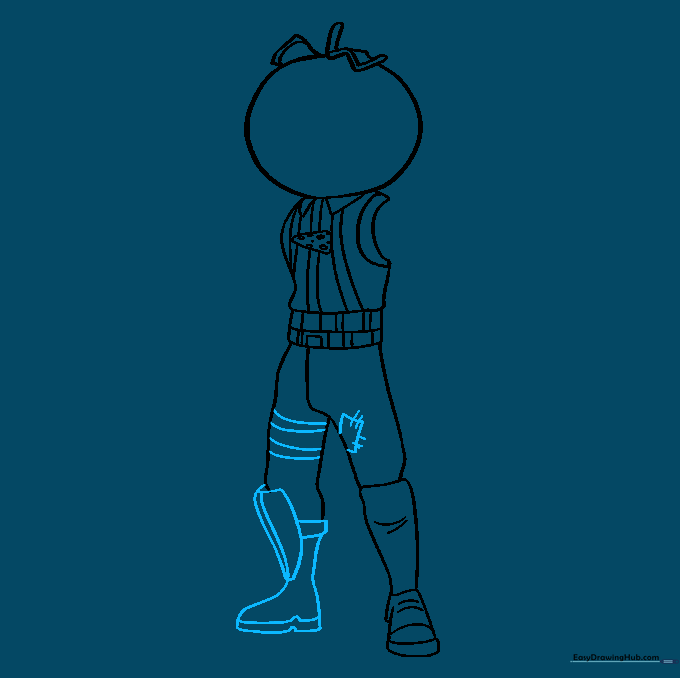 Adding a patch and stitch details to the character's pants.