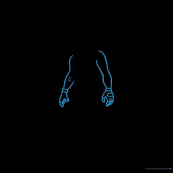 Drawing the character's arms and fingerless gloves.