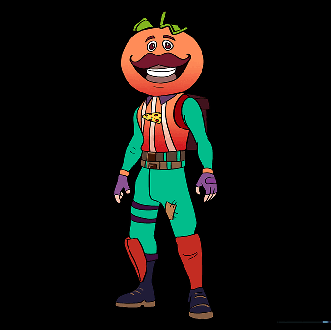 The completed, colored drawing of the Tomato Head character.