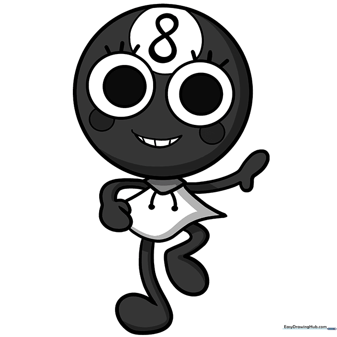 The finished Toodles character colored in black and white, ready for display.