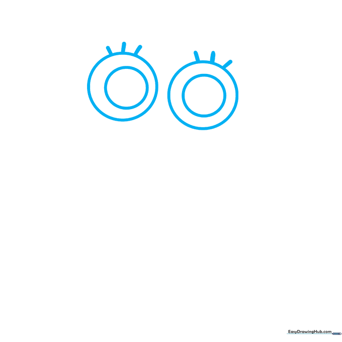 A circular outline drawn around the previously sketched eyes to define Toodles' head shape.