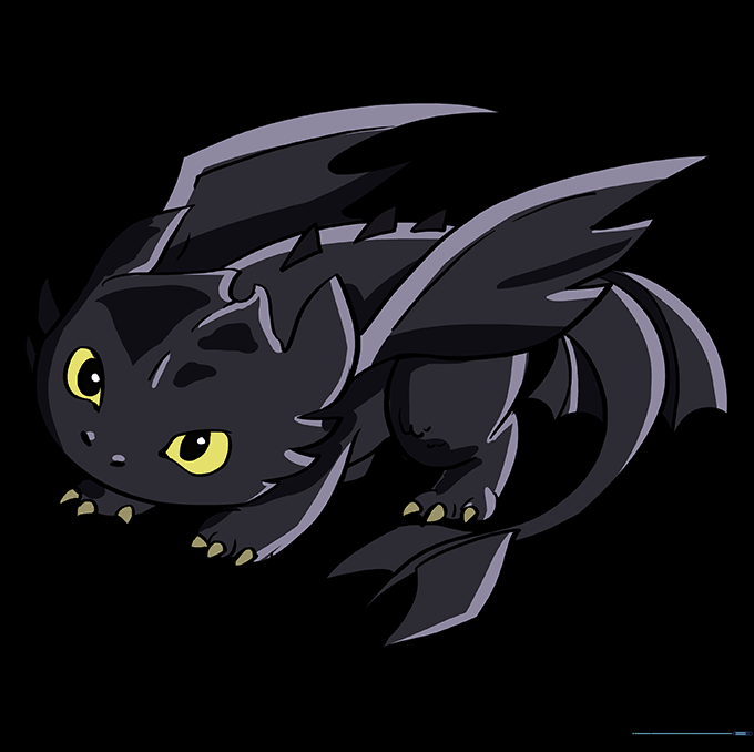 Final colored drawing of Toothless with black scales and yellow eyes