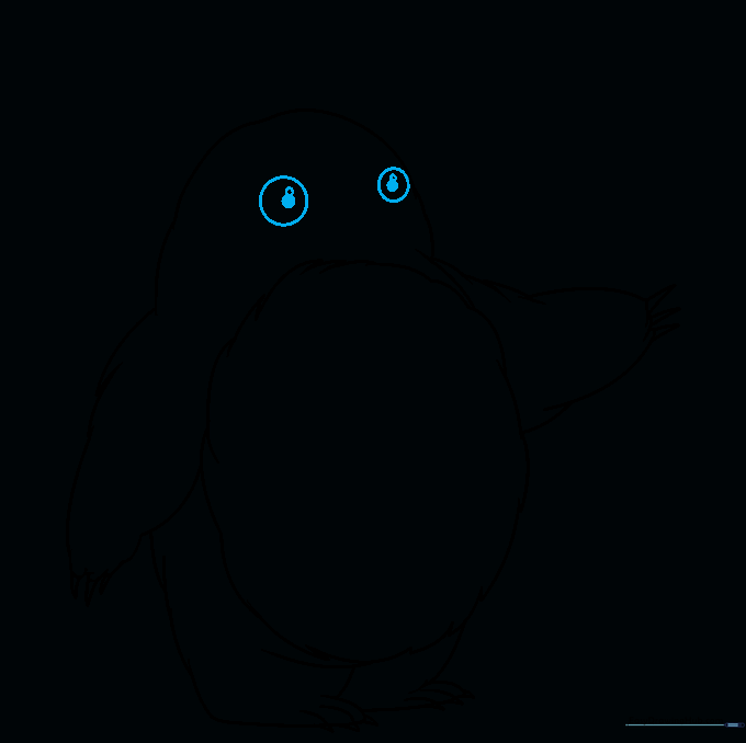 Close-up of Totoro's face showing two large, wide-set eyes with shaded pupils.