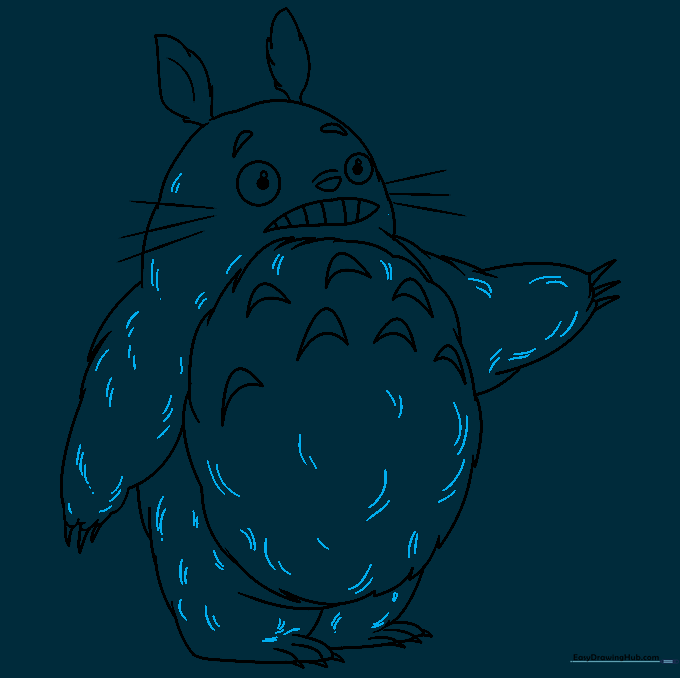 Totoro drawing with added fur texture using small, short lines along the edges.