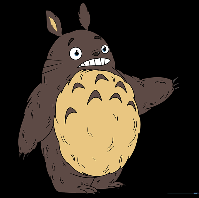 Finished, colored drawing of Totoro with greyish-brown fur and a cream belly.