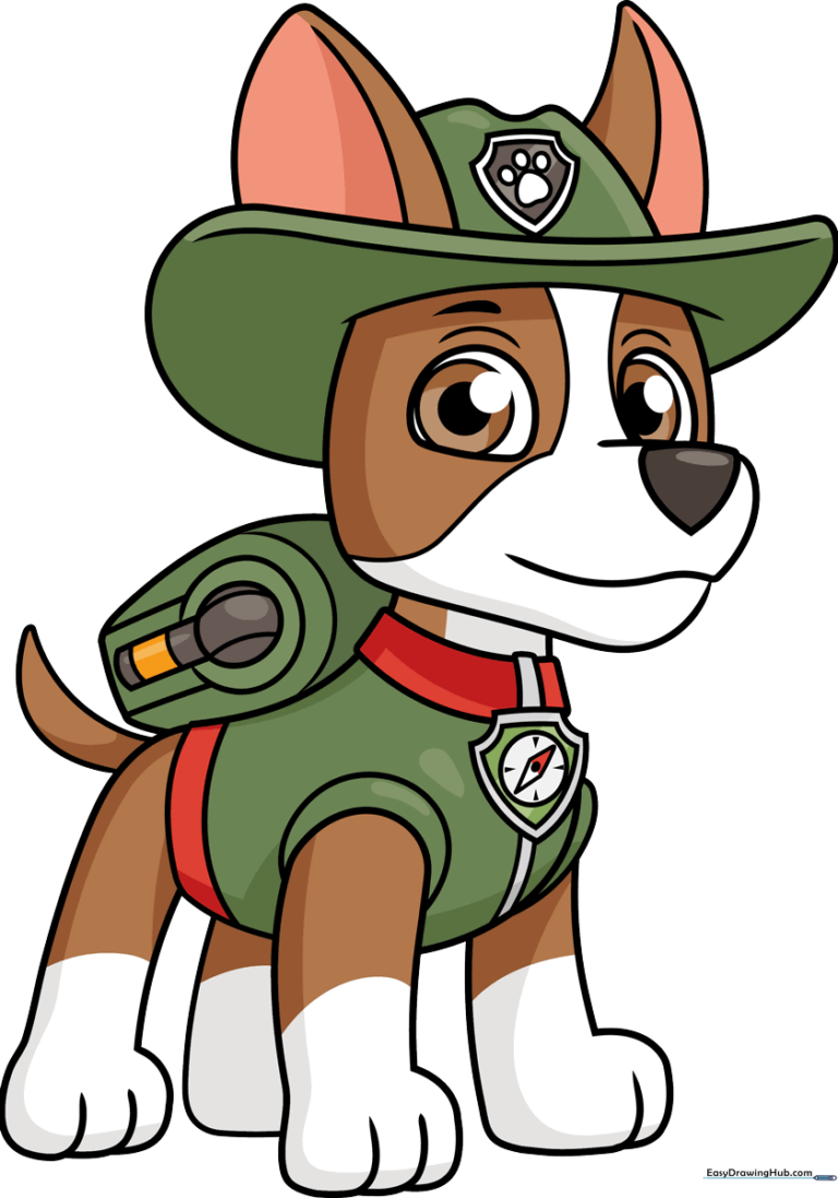 A colorful, finished illustration of Tracker from PAW Patrol, ready for kids to learn.