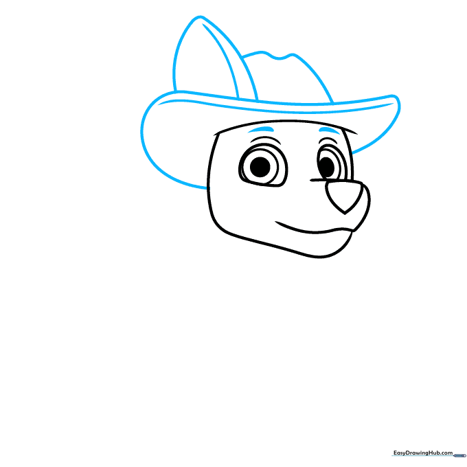Sketching Tracker's cowboy hat and one ear, emphasizing the hat's structure.