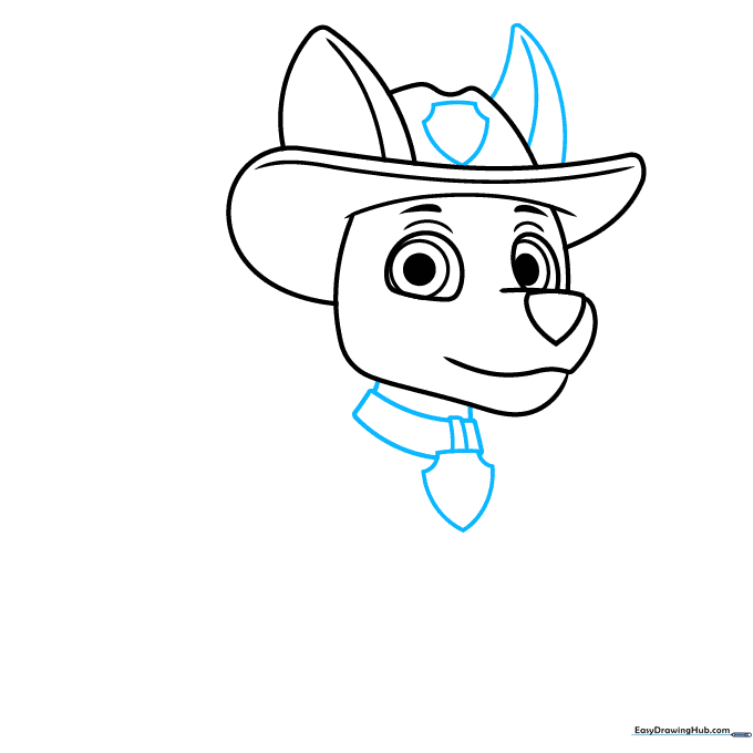 Adding the second ear, the collar, and the shield-shaped badge to Tracker's outfit.