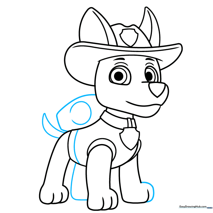 Drawing the Pup Pack on Tracker's back and adding his tail.