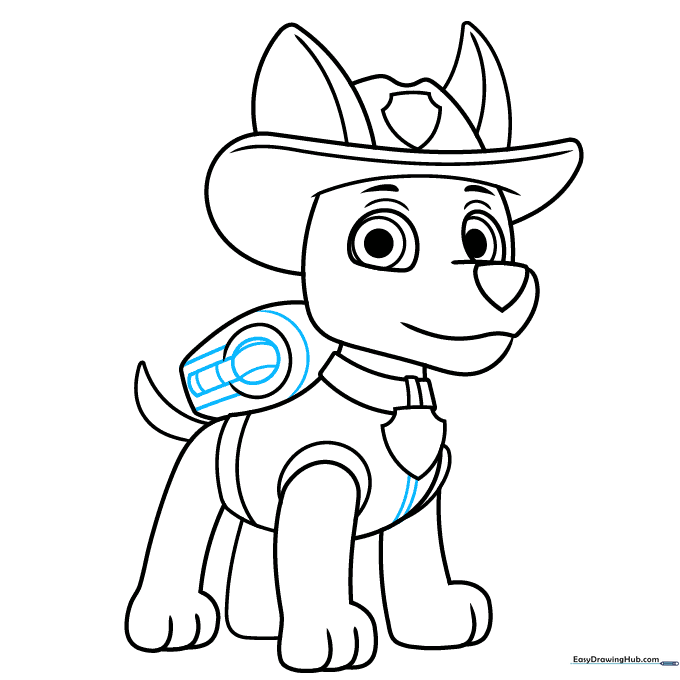 Adding fine details like straps and buttons to Tracker's vest and Pup Pack.