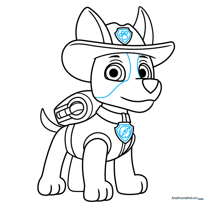 Adding final character details like the eye spots, hat paw print, and collar compass.