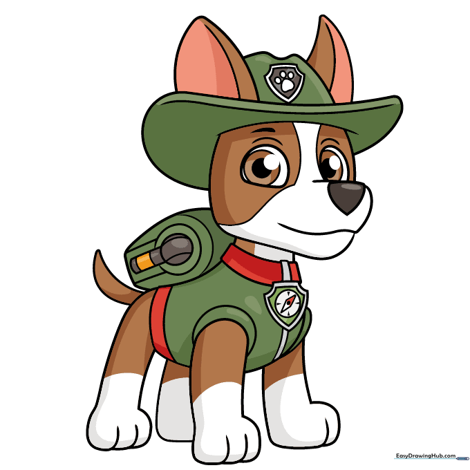The finished, colored drawing of Tracker from PAW Patrol.