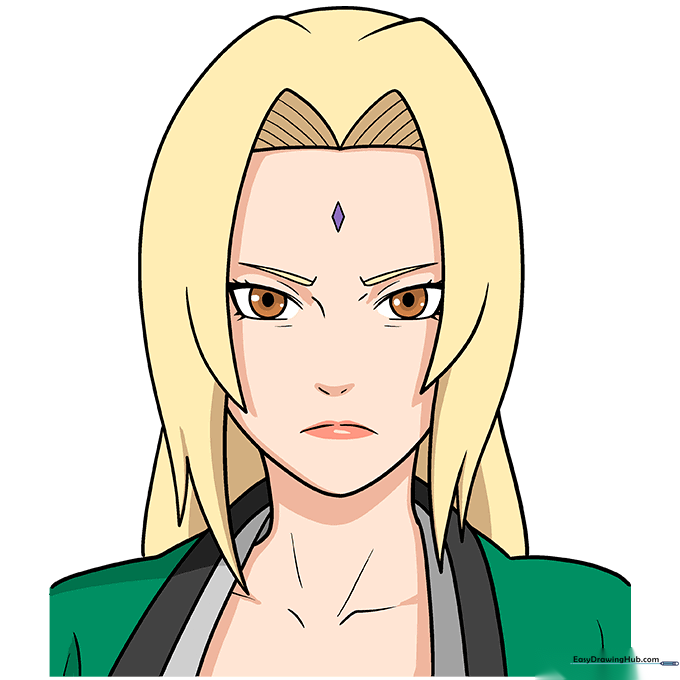 The final colored drawing of Tsunade with blonde hair and green clothing.