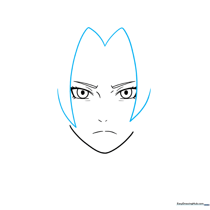 Drawing the initial M-shaped bangs for Tsunade's blonde hair.