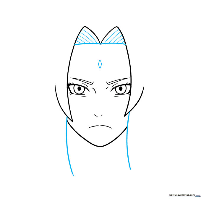 Adding the signature diamond mark to Tsunade's forehead and framing the face with hair.