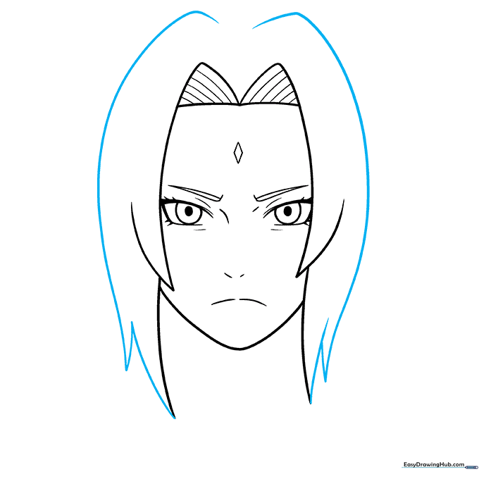 Sketching the long, layered strands of Tsunade's hair.
