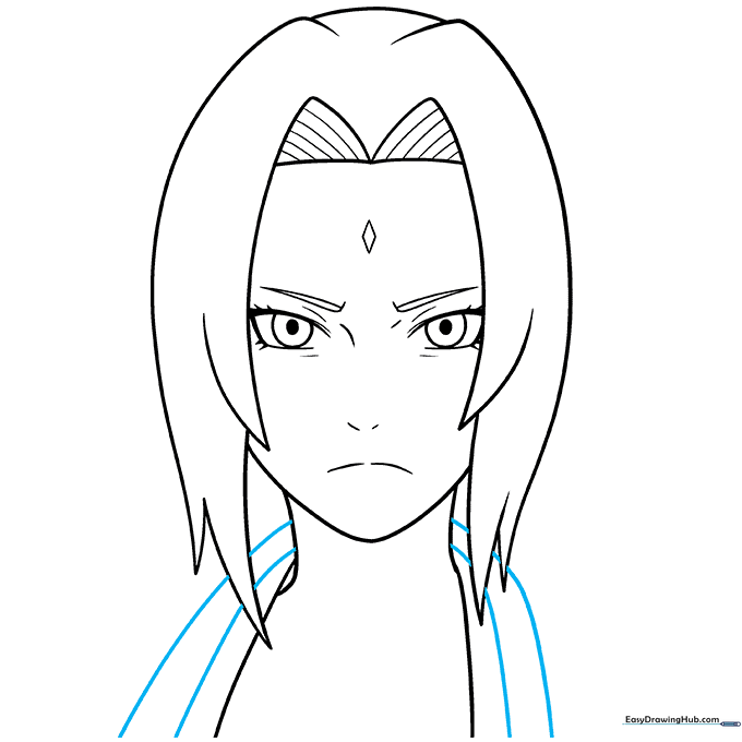 Adding the U-shaped collar detail to Tsunade's clothing.
