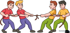 A vibrant, finished drawing of two teams competing in a tug-of-war game.