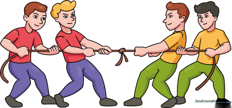 A vibrant, finished drawing of two teams competing in a tug-of-war game.
