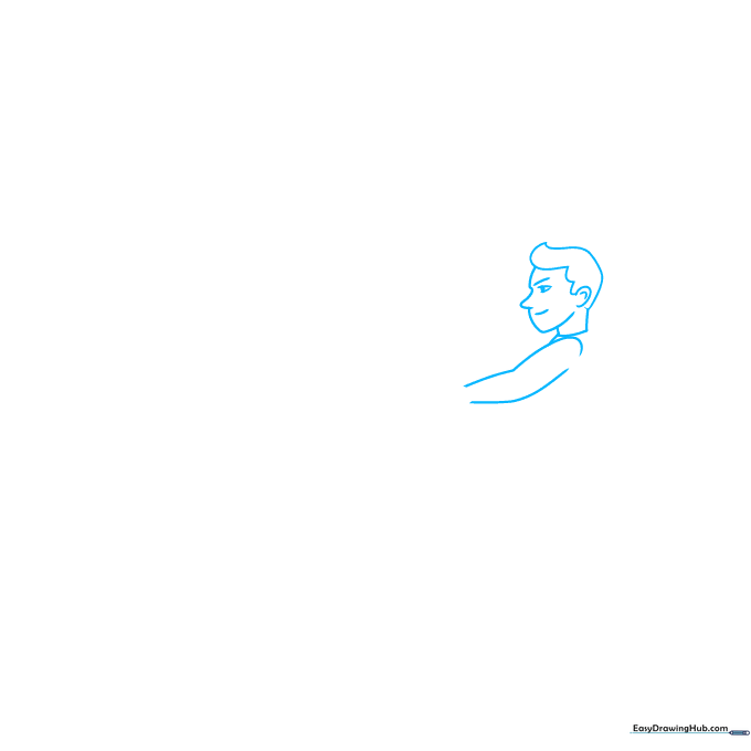 Line drawing of a boy's head in profile showing concentrated facial features for a tug-of-war character.