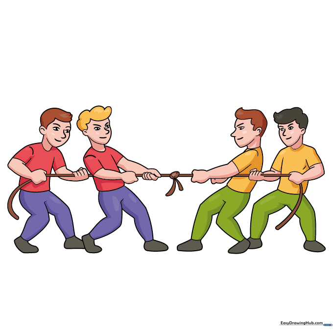 Finished, colored illustration of two teams playing tug-of-war.
